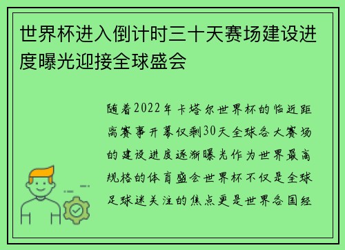 世界杯进入倒计时三十天赛场建设进度曝光迎接全球盛会 世界杯进入倒计时三十天赛场建设进度曝光迎接全球盛会